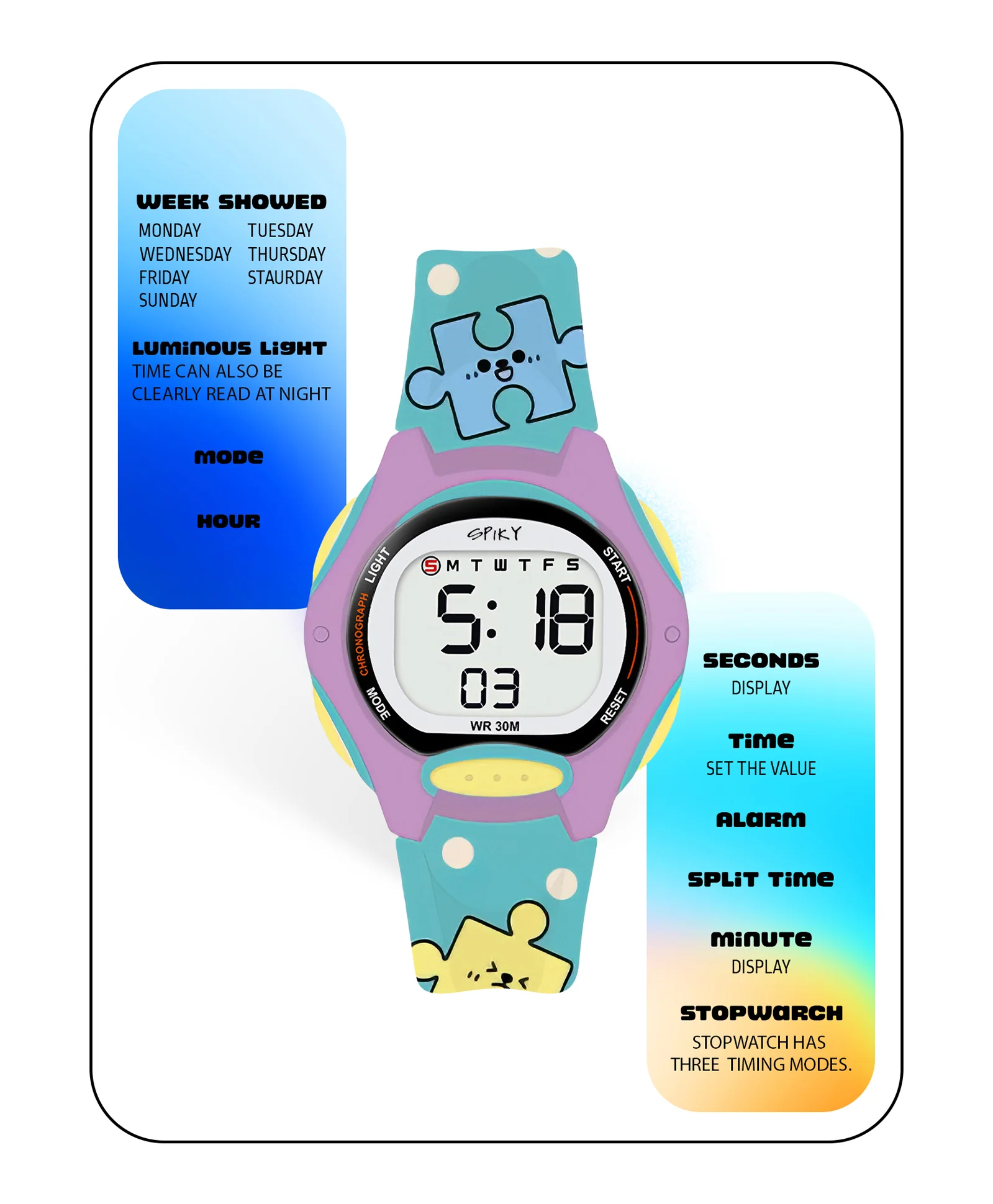 Spiky Eva18 Printed Strap Round Sports Digital Watch - Image 33