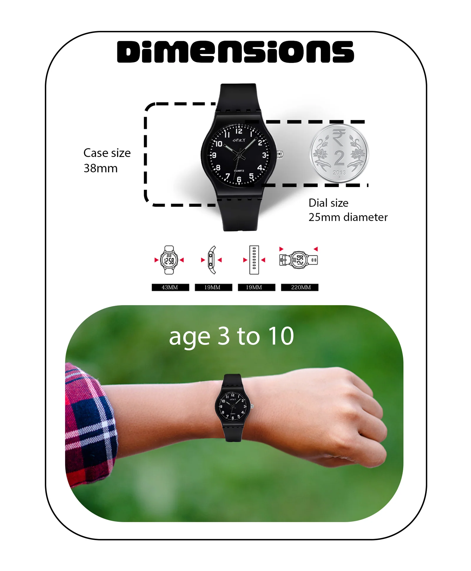 Spiky Eva4 Round Analogue Kids Watch - Black - Image 4