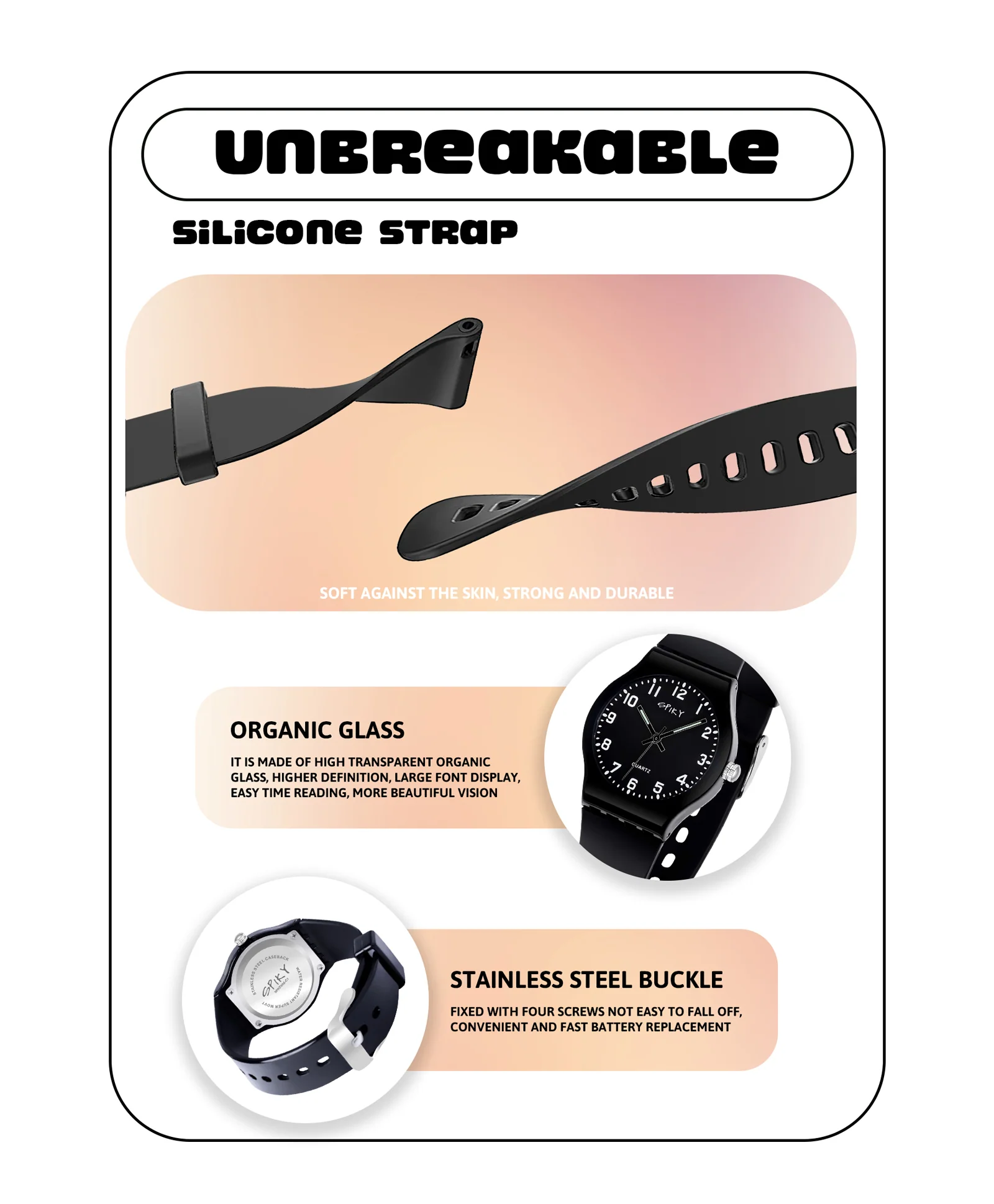 Spiky Eva4 Round Analogue Kids Watch - Black - Image 8