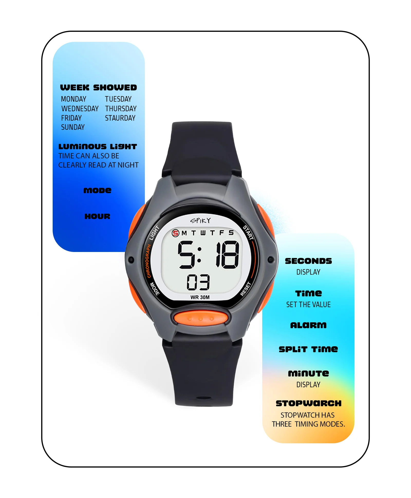 Spiky Eva2 Round Digital Kids Sports Watch - Blue - Image 18