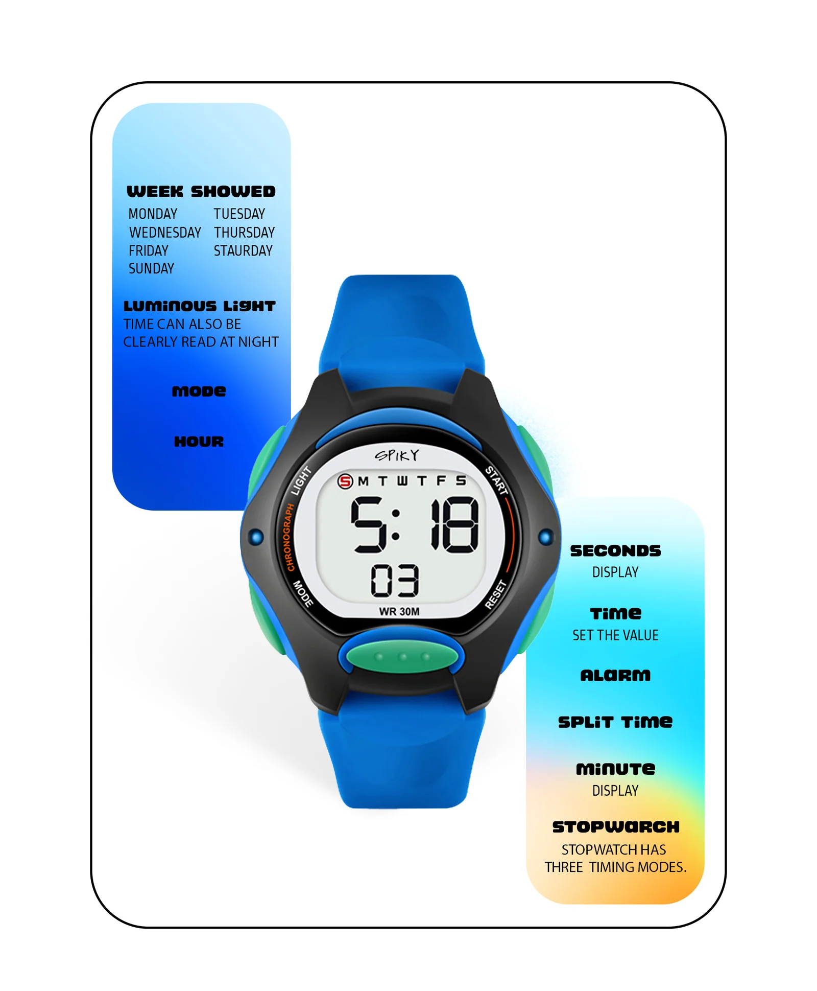 Spiky Eva2 Round Digital Kids Sports Watch - Blue - Image 7