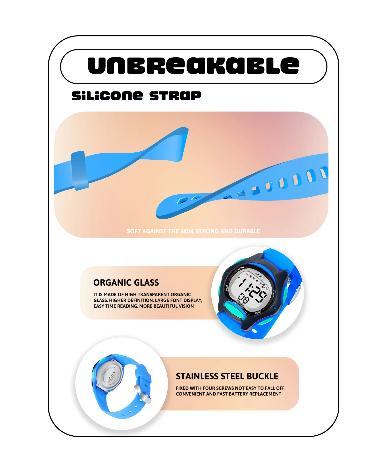 Spiky Eva2 Round Digital Kids Sports Watch - Blue - Image 8